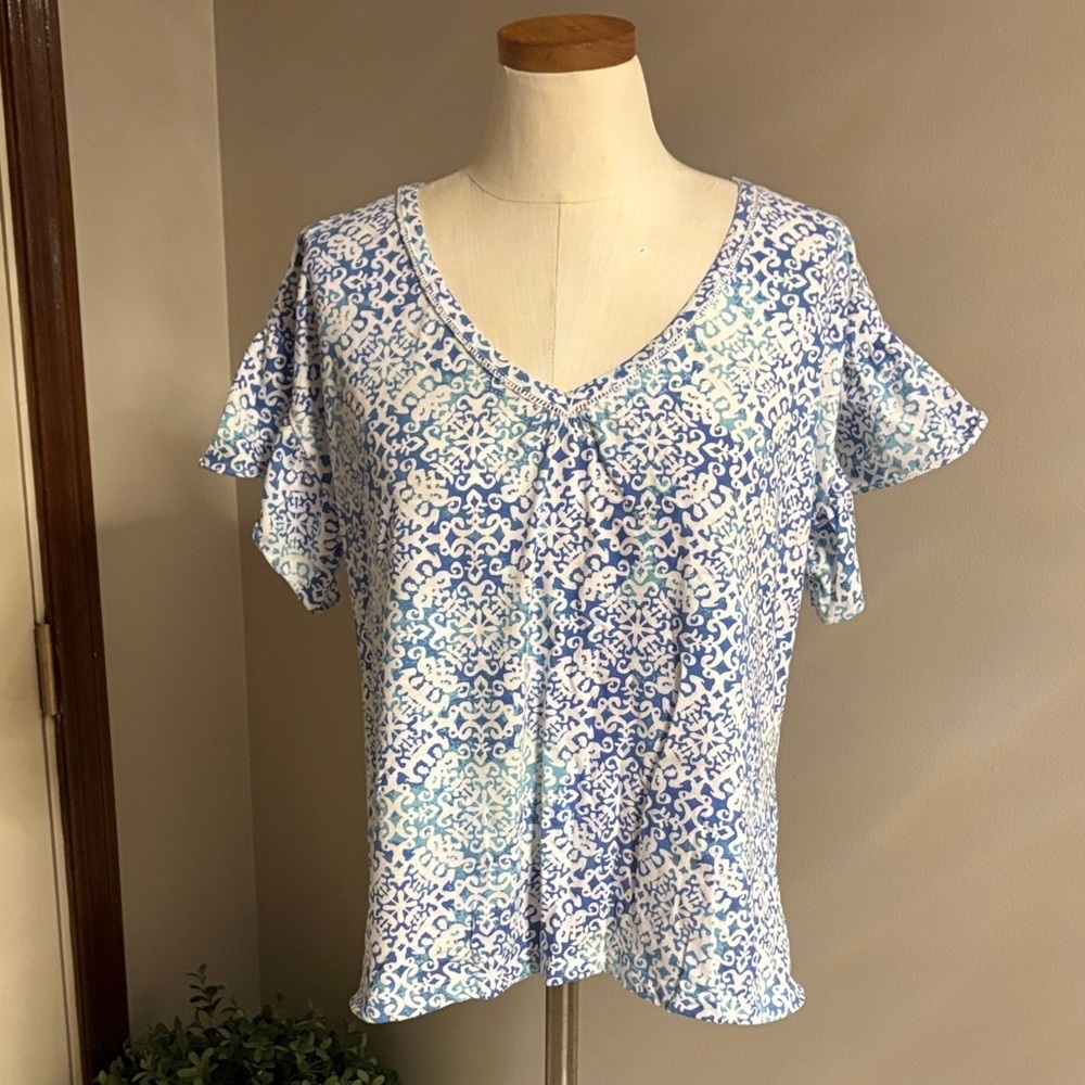 Ralph Lauren Blue and White Short flutter Sleeve Top V neck cotton blend Med